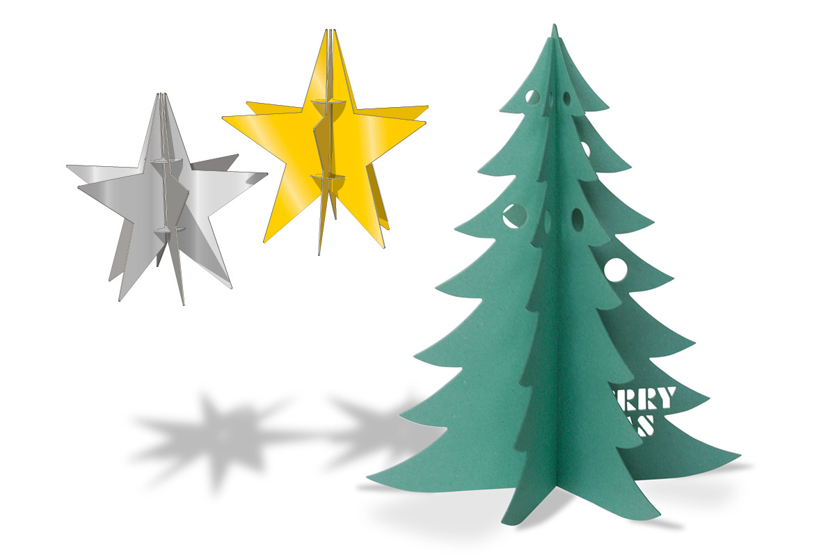 Goldene und silberne Sterne mit grünem Weihnachtsbaum